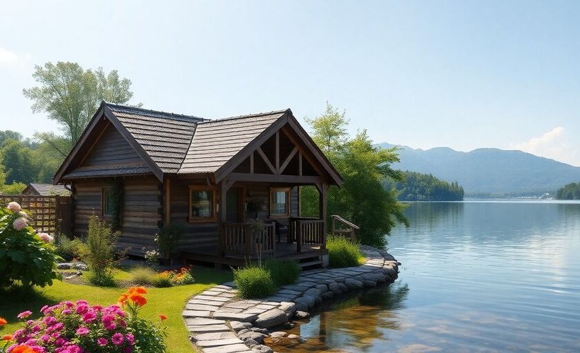 Kleines Ferienhaus am See mit grüner Umgebung.