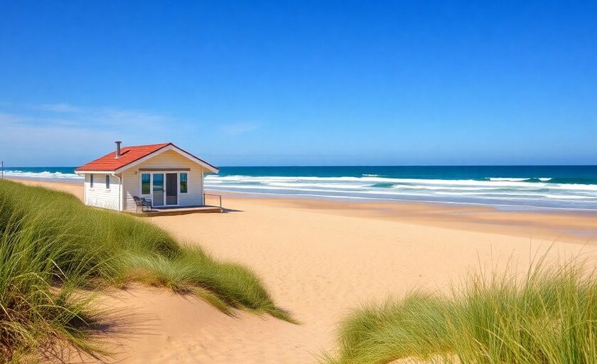 Strandhaus an der polnischen Ostsee mit Wellen.